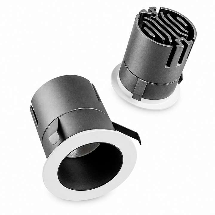 MICRO Series architectural mini LED downlights showcasing the compact recessed design and precision die-cast aluminium construction.
