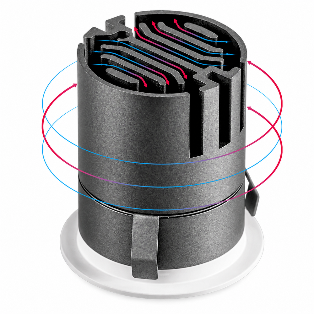 MICRO Series architectural LED downlight featuring an integrated aluminium heat sink for efficient thermal management and long-term reliability.