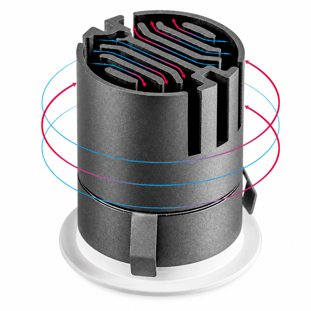 MICRO Series architectural LED downlight featuring an integrated aluminium heat sink for efficient thermal management and long-term reliability.