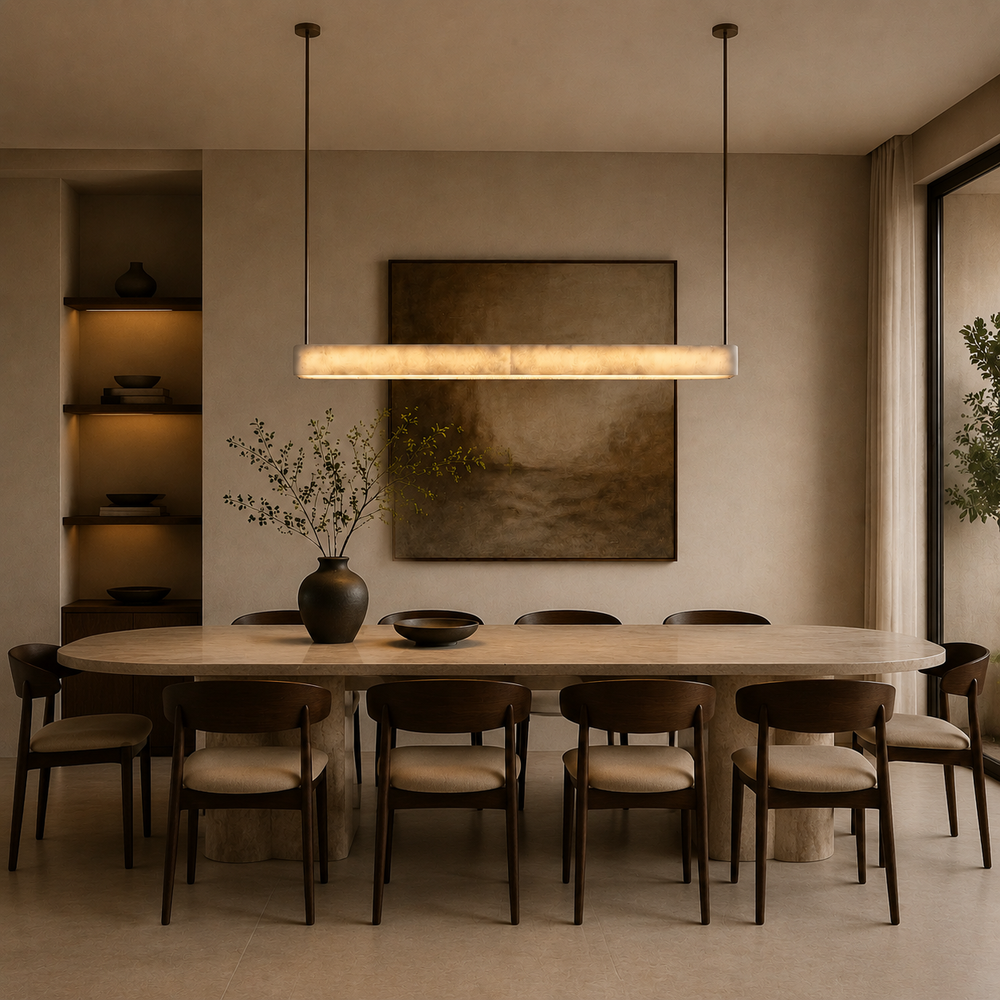 Modern alabaster linear pendant light above a dining table, handcrafted natural stone LED suspension light for luxury residential interiors, kitchen islands and architectural lighting projects.