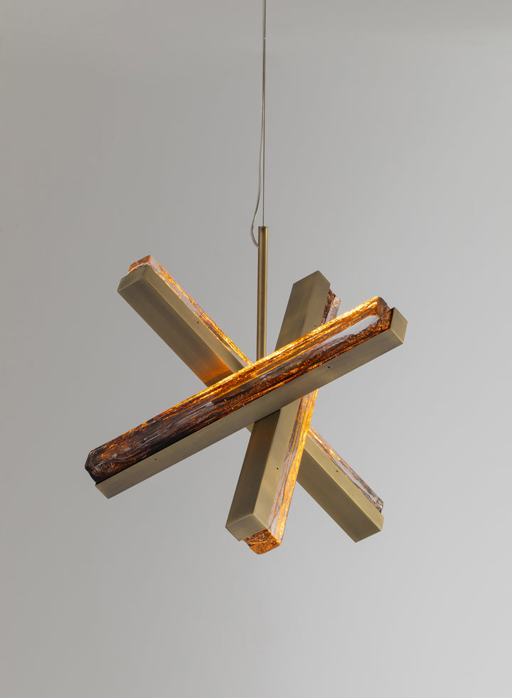 Contemporary glass pendant light with sculptural cross form, Running Water 3