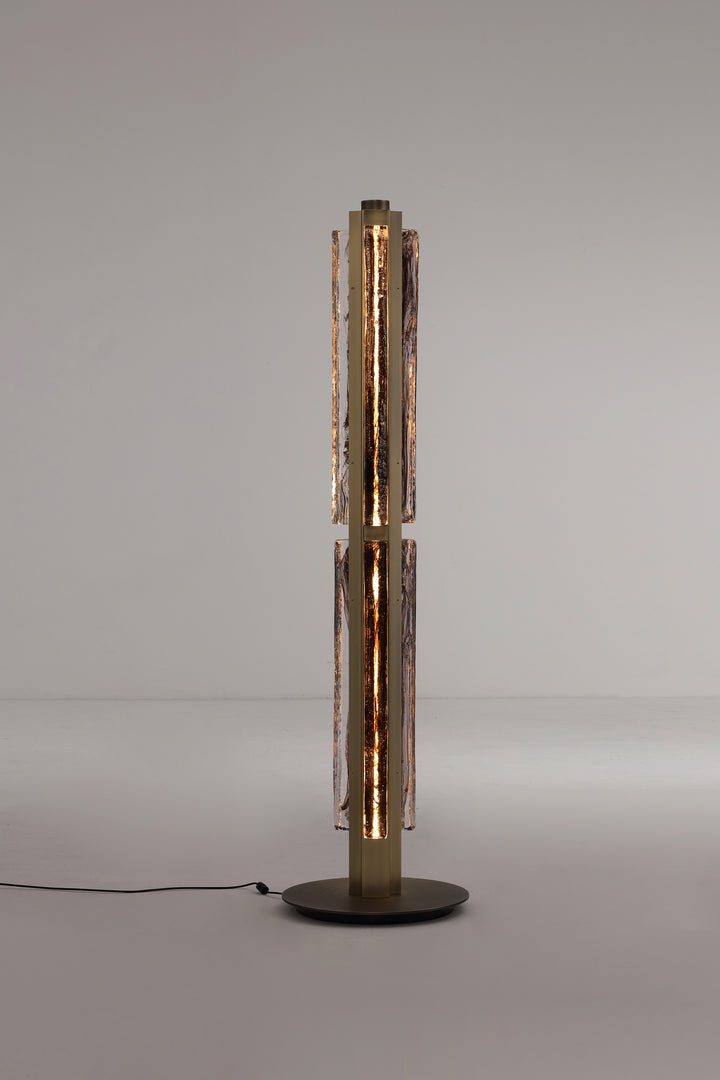 Modern floor lamp with hand-blown textured glass and brushed metal finish