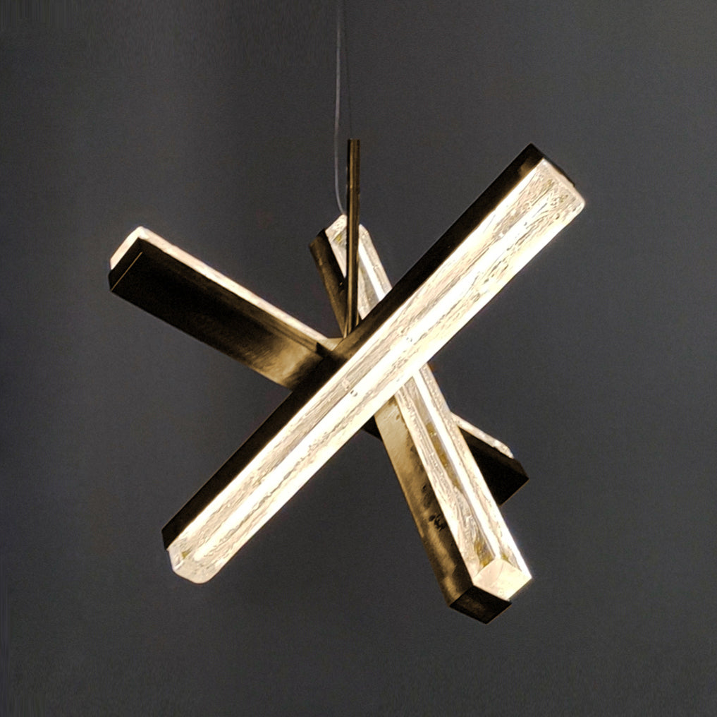 Modern cross pendant light with illuminated textured glass, Running Water 3