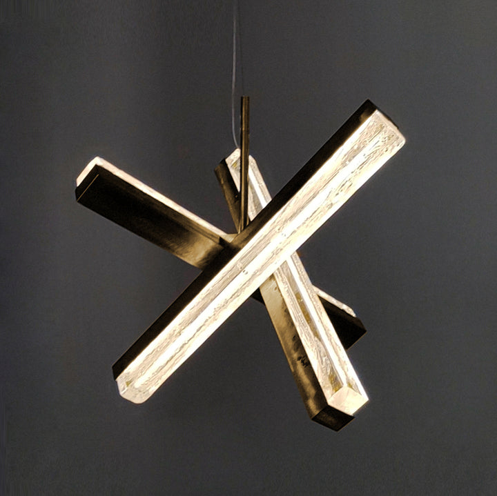 Modern cross pendant light with illuminated textured glass, Running Water 3