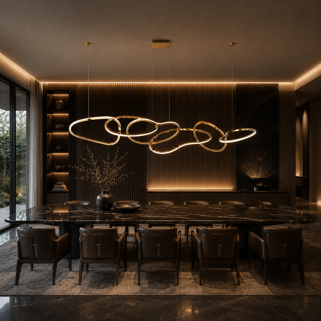 Modern linear LED pendant light featuring interlinked rings over a luxury dining table