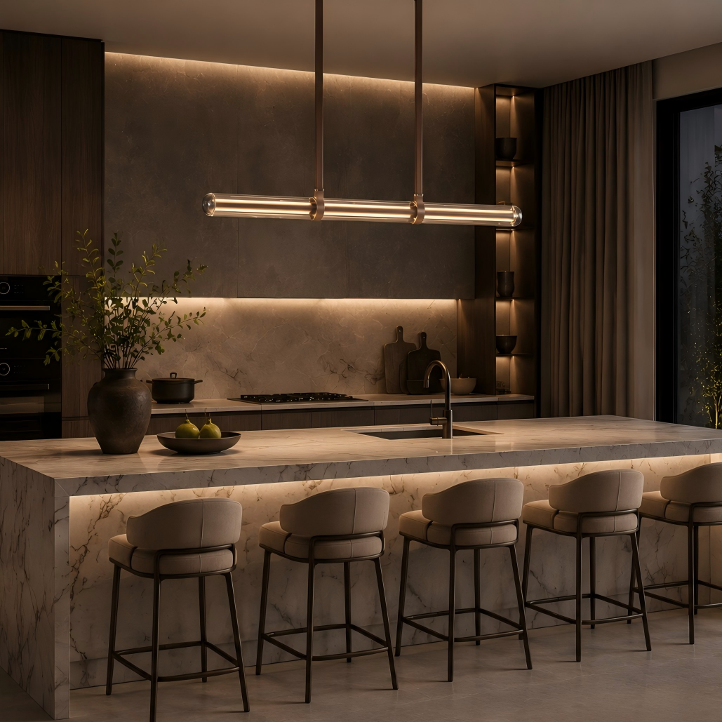 Modern linear pendant light above a kitchen island featuring a glass tube diffuser, minimalist LED suspension lighting for luxury kitchens, dining areas and contemporary residential interiors.