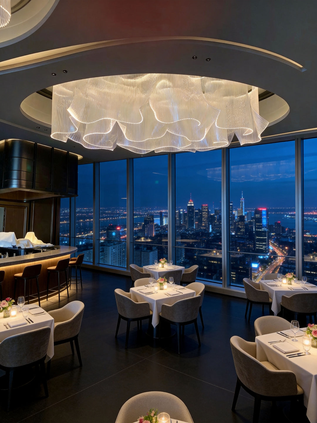 Modern luxury chandelier lighting suspended above an elegant dining area with bespoke architectural interior design.