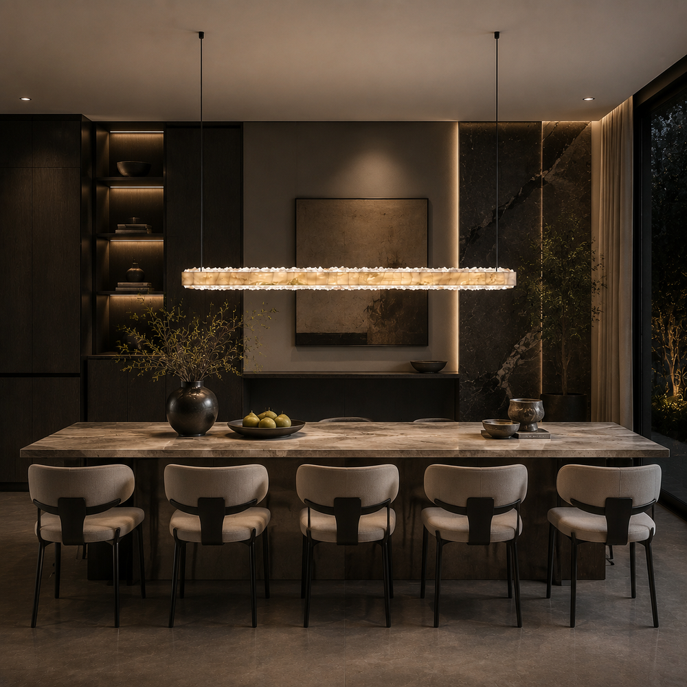 Modern marble and crystal linear pendant light over a dining table, handcrafted natural stone and crystal LED chandelier for luxury residential and architectural interiors.