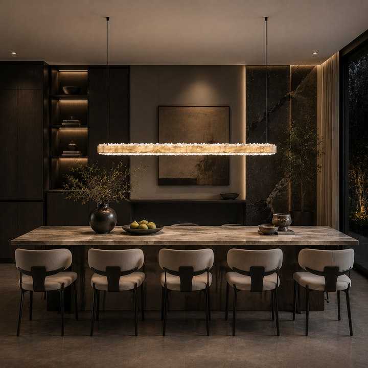 Modern marble and crystal linear pendant light over a dining table, handcrafted natural stone and crystal LED chandelier for luxury residential and architectural interiors.