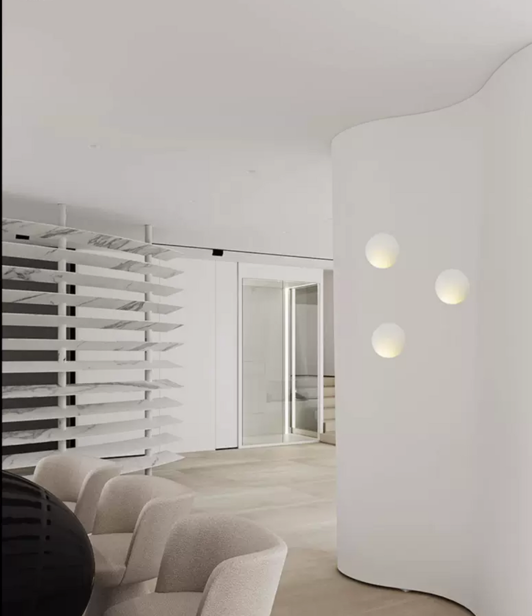 oval gypsum LED wall lights illuminating a contemporary living room with soft ambient wall lighting