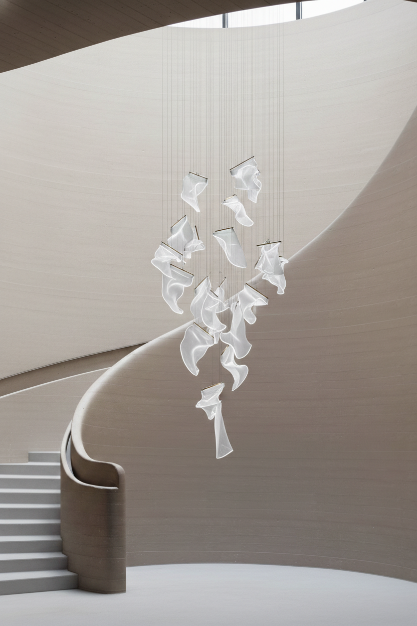 Large sculptural acrylic chandelier installed in a double-height stair void