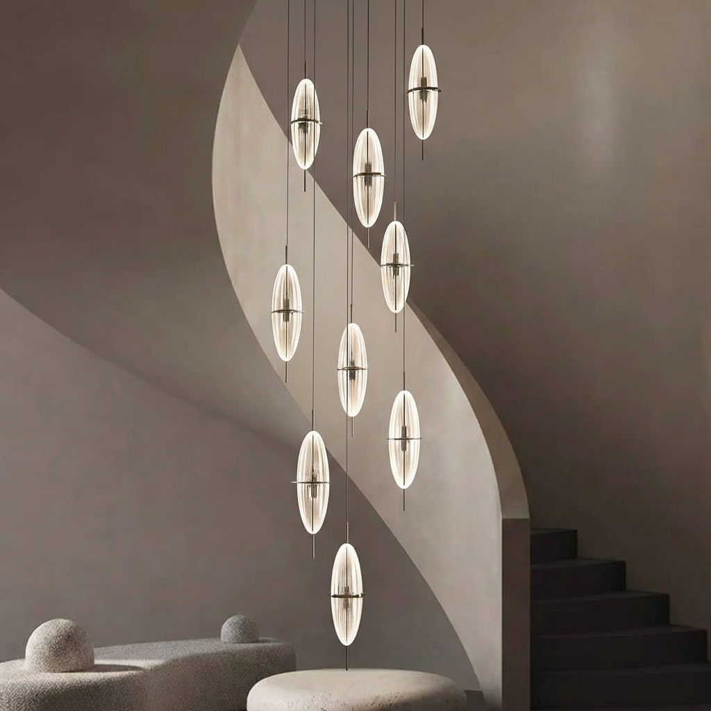 Sculptural staircase chandelier suspended in curved double-height foyer space with vertical acrylic lighting panels – Selene