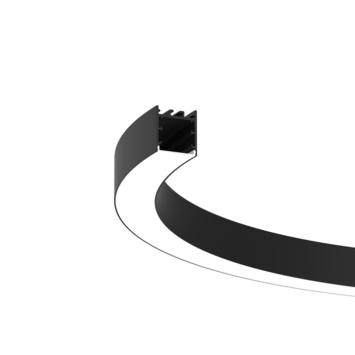 Curved modular LED linear light detail for architectural ceiling and wall installations in commercial environments