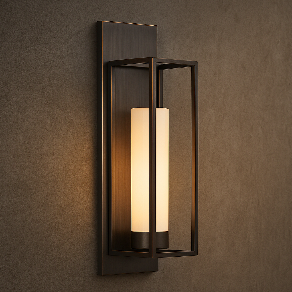 Monroe brass outdoor wall light with an open-frame lantern design and frosted acrylic diffuser in a matte black brass finish.