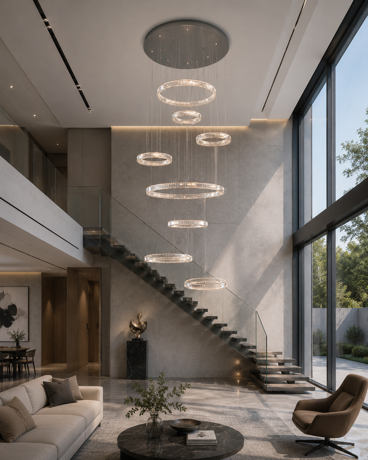 Multi-ring crystal chandelier in a modern residential double-height living room with concrete staircase void, glass balustrade and floor-to-ceiling glazing, Pharaoh Chandelier by Lucretia