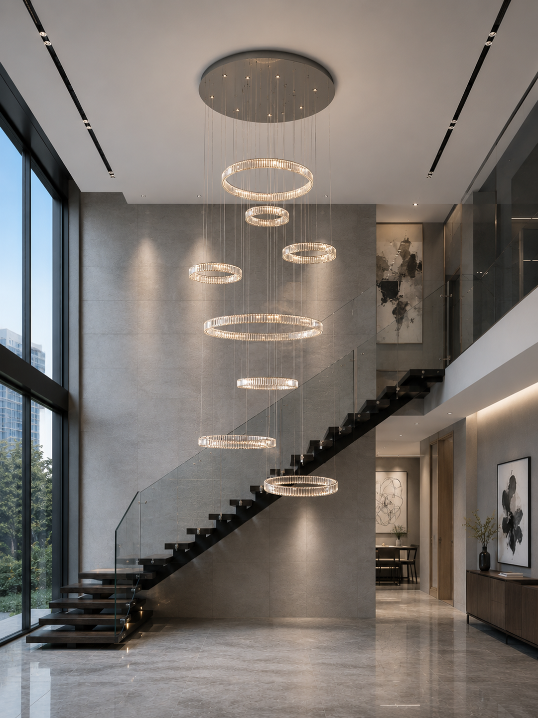 Multi-ring crystal chandelier in a modern residential staircase void with city view, open plan dining area and abstract artwork visible in background, Pharaoh Chandelier by Lucretia