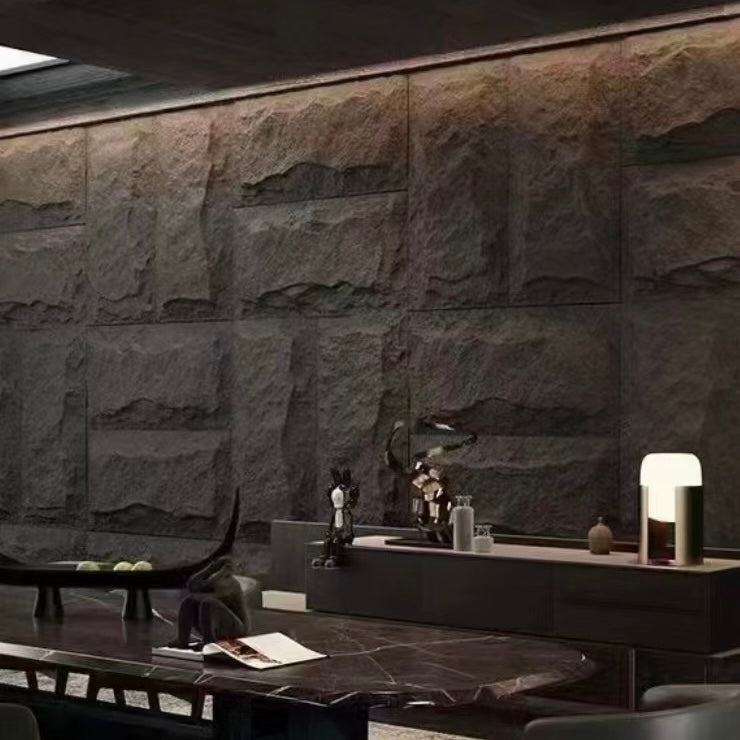 Rock-look MushRock wall panels creating a bold feature wall in a commercial interior space.