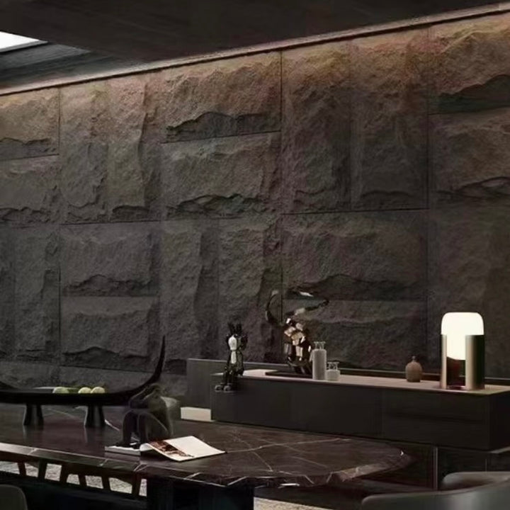 Rock-look MushRock wall panels creating a bold feature wall in a commercial interior space.