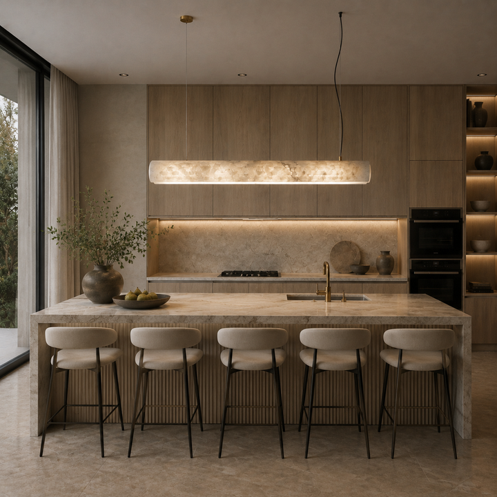 Natural alabaster pendant light over a modern kitchen island, handcrafted stone LED linear lighting for luxury homes, dining areas and architectural interiors.