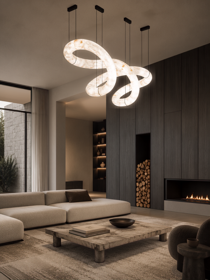 Luxury Nexus Spanish Alabaster Pendant Light – Interlock installed in a contemporary designer living room with bespoke architectural lighting.