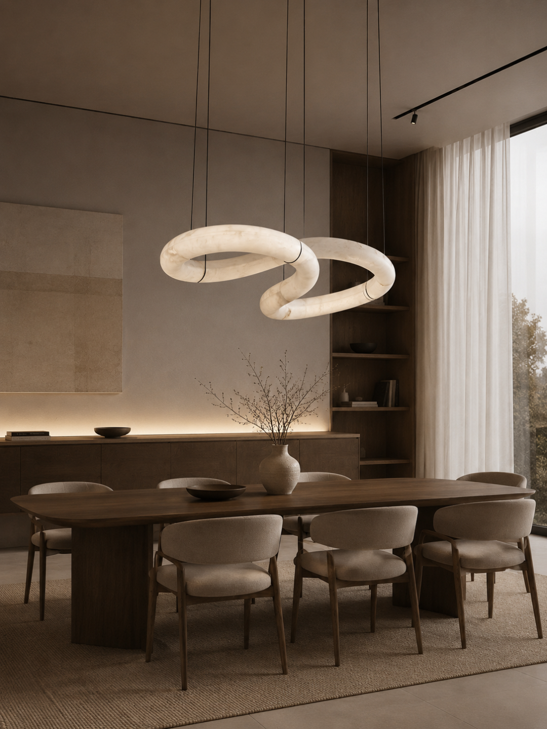 Nexus Spanish Alabaster Loop pendant light handcrafted from genuine Spanish alabaster above a luxury modern dining room.
