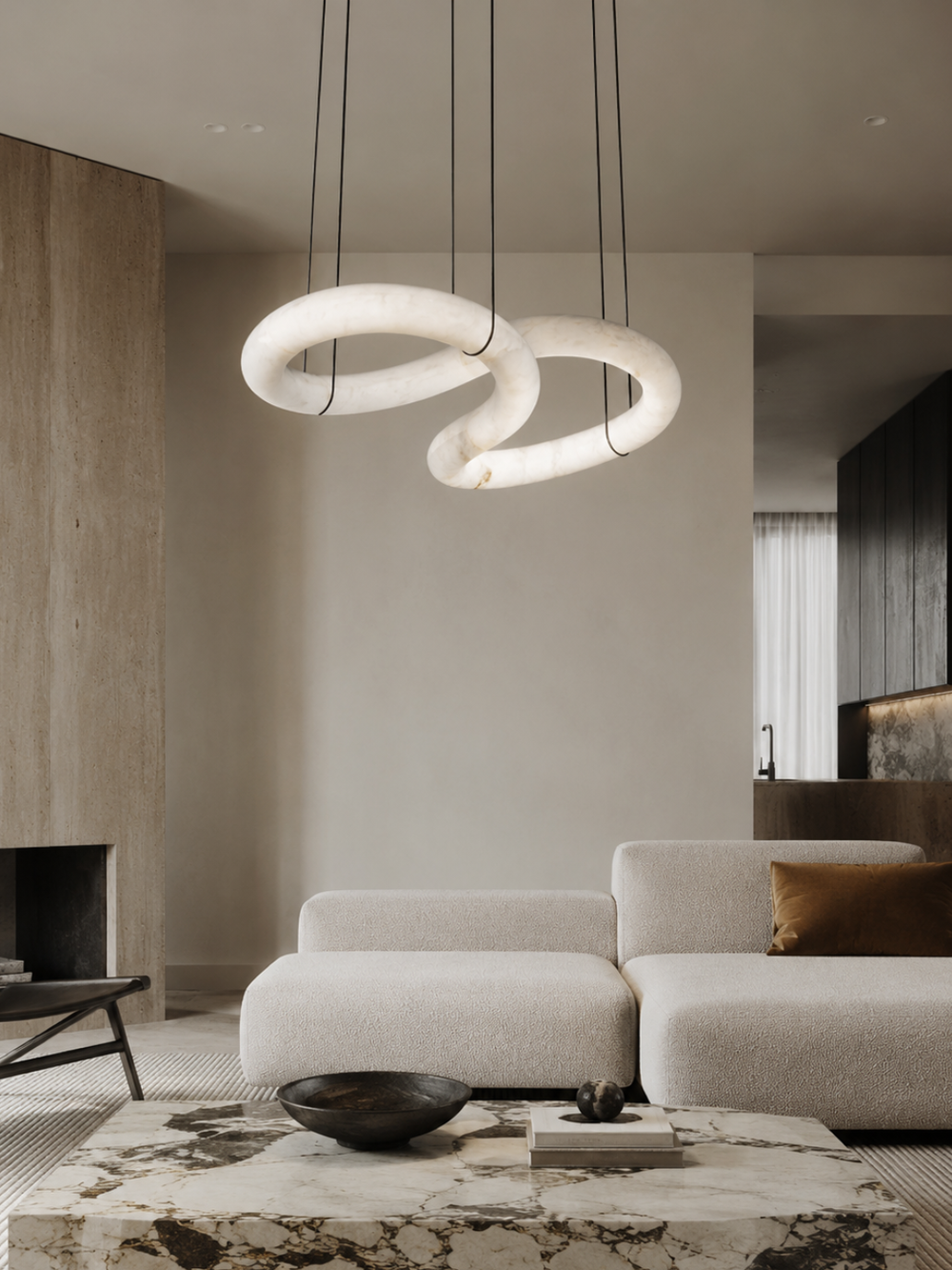 Modern living room featuring the Nexus Spanish Alabaster Loop pendant light with handcrafted genuine Spanish alabaster.