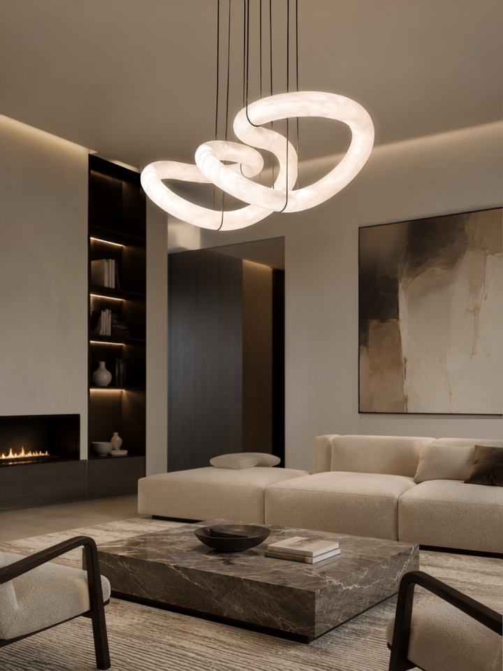 Nexus Spanish Alabaster Pendant Light – Interlock handcrafted from genuine Spanish alabaster, luxury sculptural pendant lighting for modern living rooms.