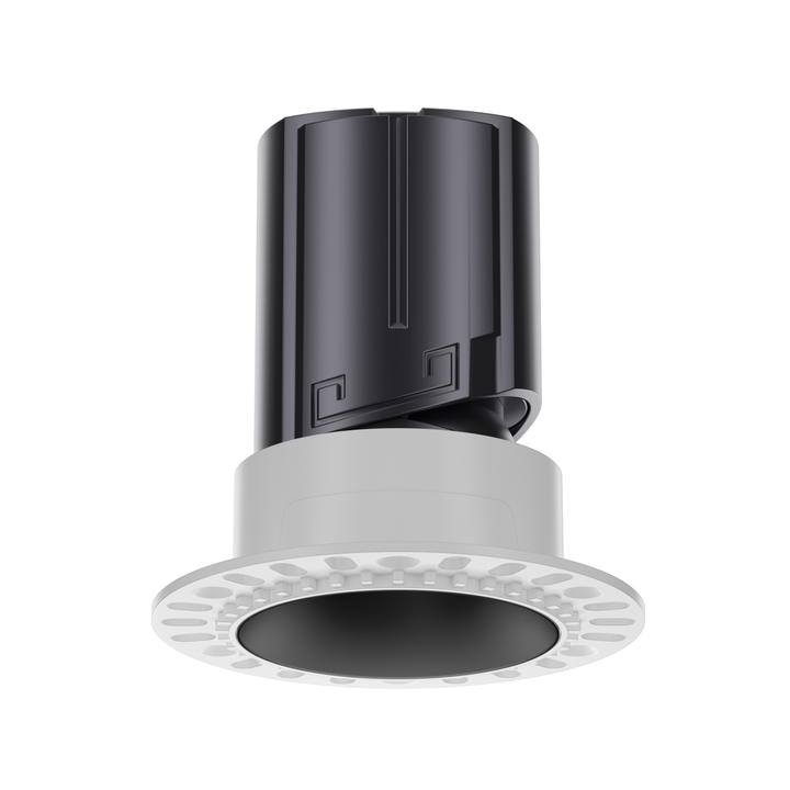 NOVA 55 trimless round architectural LED downlight with matte black reflector for premium architectural lighting applications.