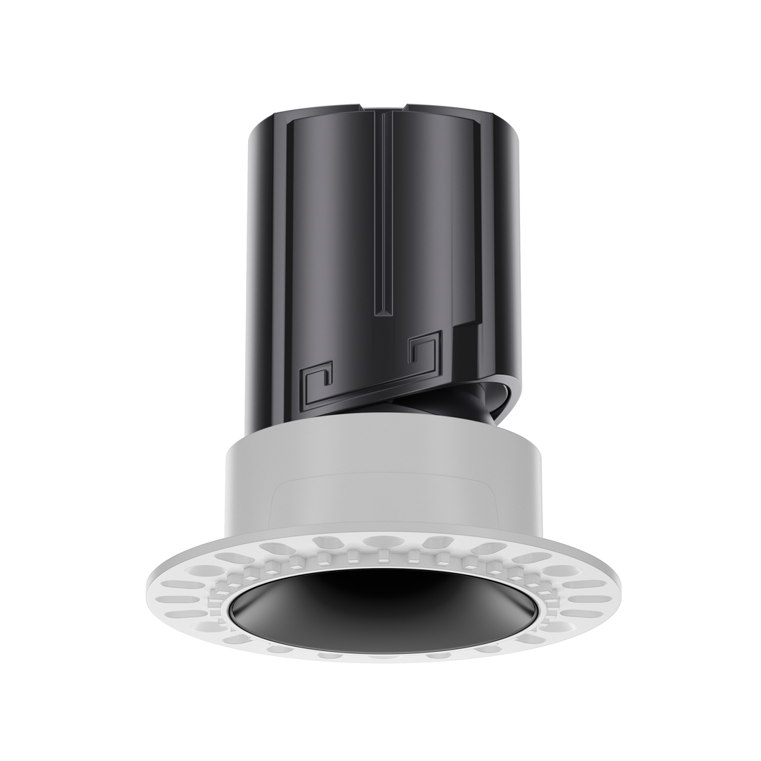 NOVA 55 trimless round architectural LED downlight with metallic black reflector, architectural anti-glare optics and CRI 95+ performance.