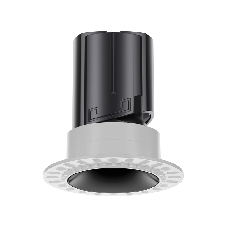 NOVA 55 trimless round architectural LED downlight with metallic black reflector, architectural anti-glare optics and CRI 95+ performance.