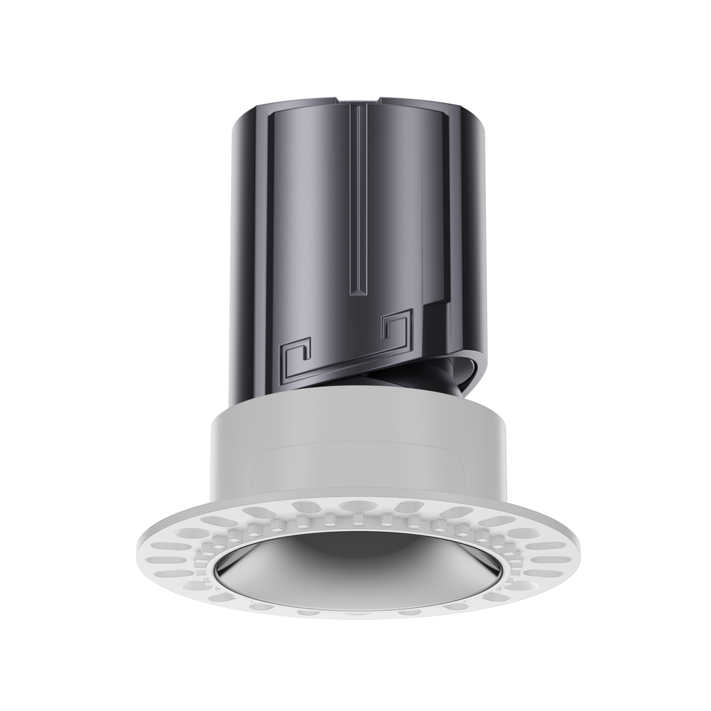 NOVA 55 trimless round architectural LED downlight with silver reflector, precision optics and deep recessed anti-glare design.