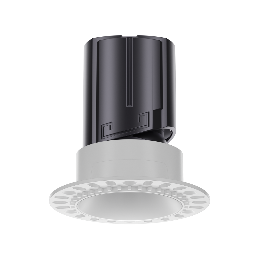 NOVA 55 trimless round architectural LED downlight with white reflector, deep recessed anti-glare optics and seamless plaster-in installation.