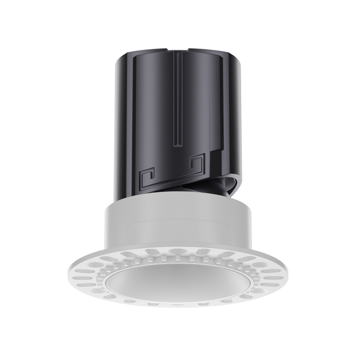 NOVA 55 trimless round architectural LED downlight with white reflector, deep recessed anti-glare optics and seamless plaster-in installation.