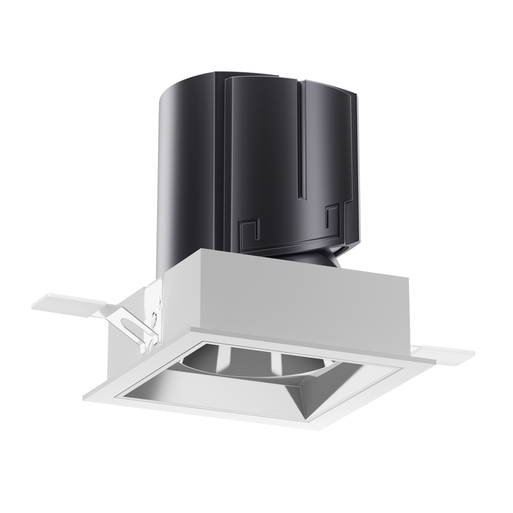 NOVA 75 square architectural LED downlight with silver reflector for high visual comfort and architectural lighting.