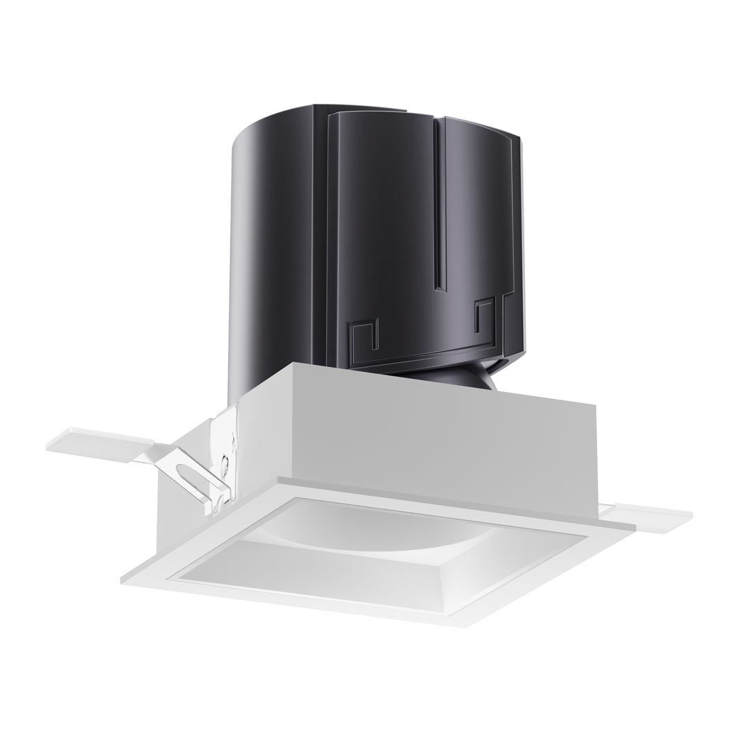 NOVA 75 square architectural LED downlight with white reflector, deep recessed optics and precision beam control.