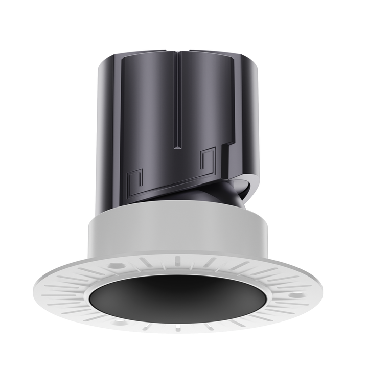 NOVA 75 trimless round architectural LED downlight with matte black reflector for premium architectural lighting applications.