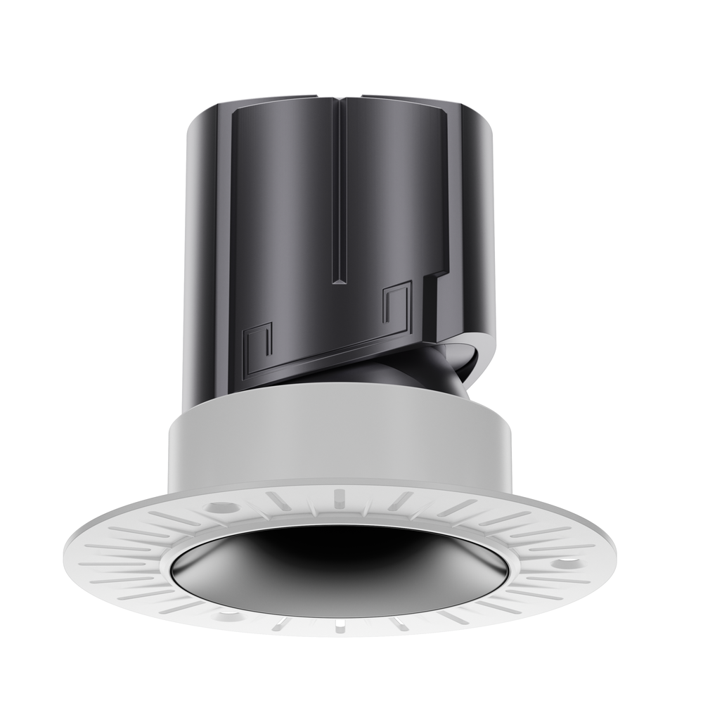 NOVA 75 trimless round architectural LED downlight with metallic black reflector, architectural anti-glare optics and CRI 95+ performance.
