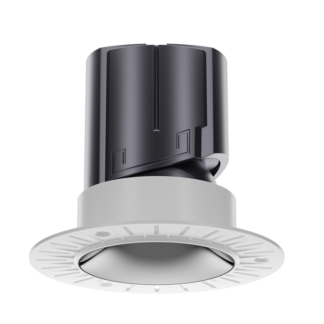 NOVA 75 trimless round architectural LED downlight with silver reflector, precision optics and deep recessed anti-glare design.
