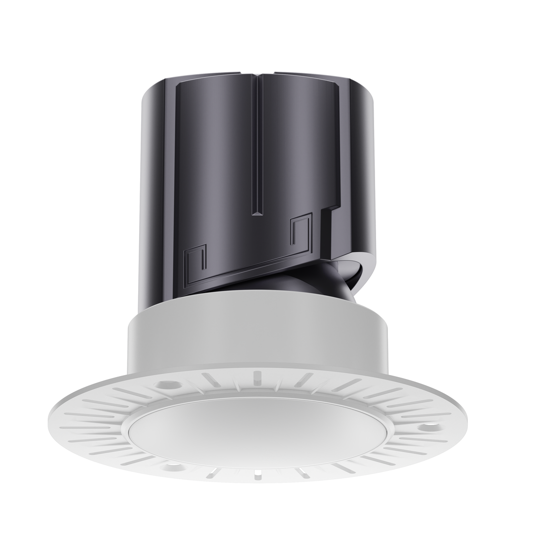 NOVA 75 trimless round architectural LED downlight with white reflector, deep recessed anti-glare optics and seamless plaster-in installation.