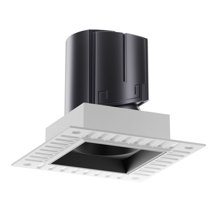 NOVA 75 trimless square architectural LED downlight with matte black reflector for premium architectural lighting applications.