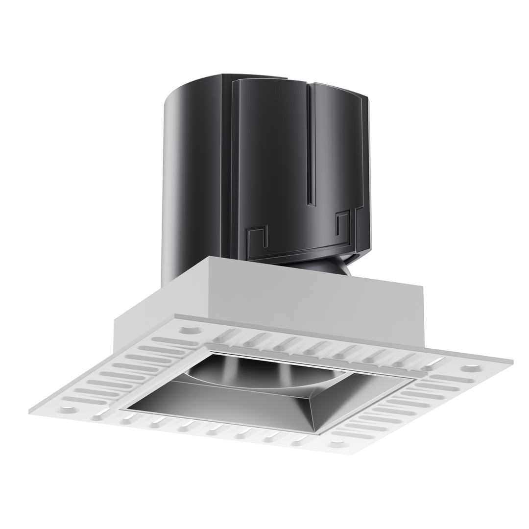 NOVA 75 trimless square architectural LED downlight with metallic black reflector, architectural anti-glare optics and CRI 95+ performance.