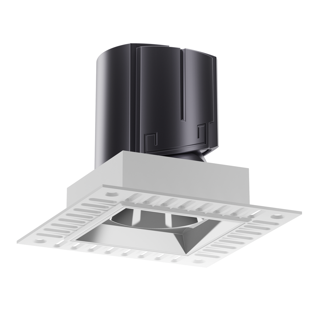 NOVA 75 trimless square architectural LED downlight with silver reflector, precision optics and deep recessed anti-glare design.