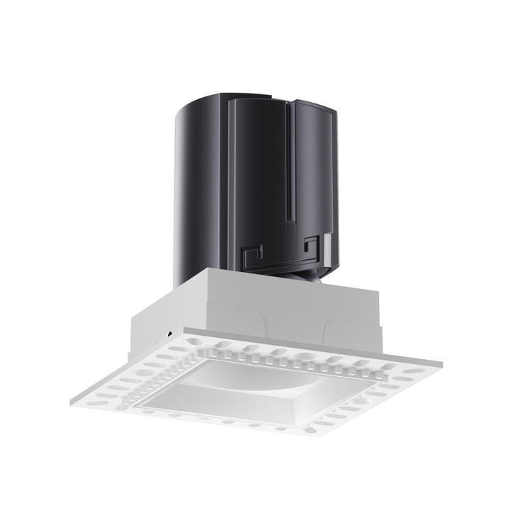 NOVA 75 trimless square architectural LED downlight with white reflector, deep recessed anti-glare optics and seamless plaster-in installation.