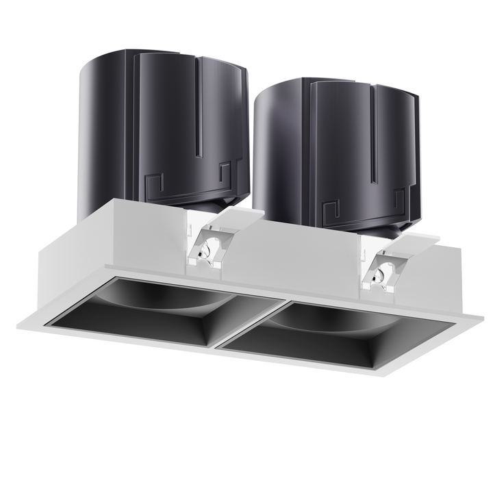 NOVA 75 twin square architectural LED downlight with black reflectors, deep recessed anti-glare optics and CRI 95+ performance.