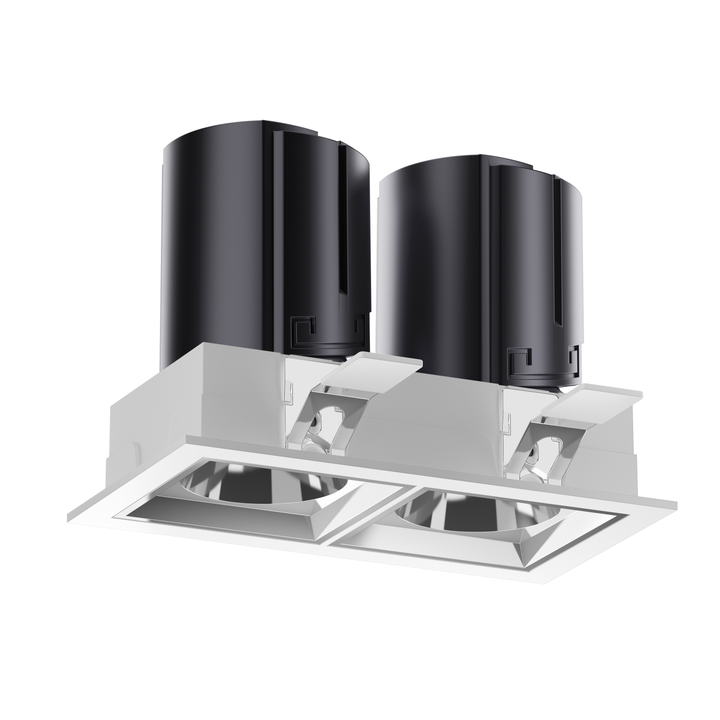NOVA 75 twin square architectural LED downlight with silver reflectors, precision beam control and high visual comfort.