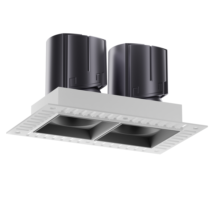 NOVA 75 twin trimless architectural LED downlight with matte black reflectors, CRI 95+, seamless ceiling integration and precision architectural illumination.