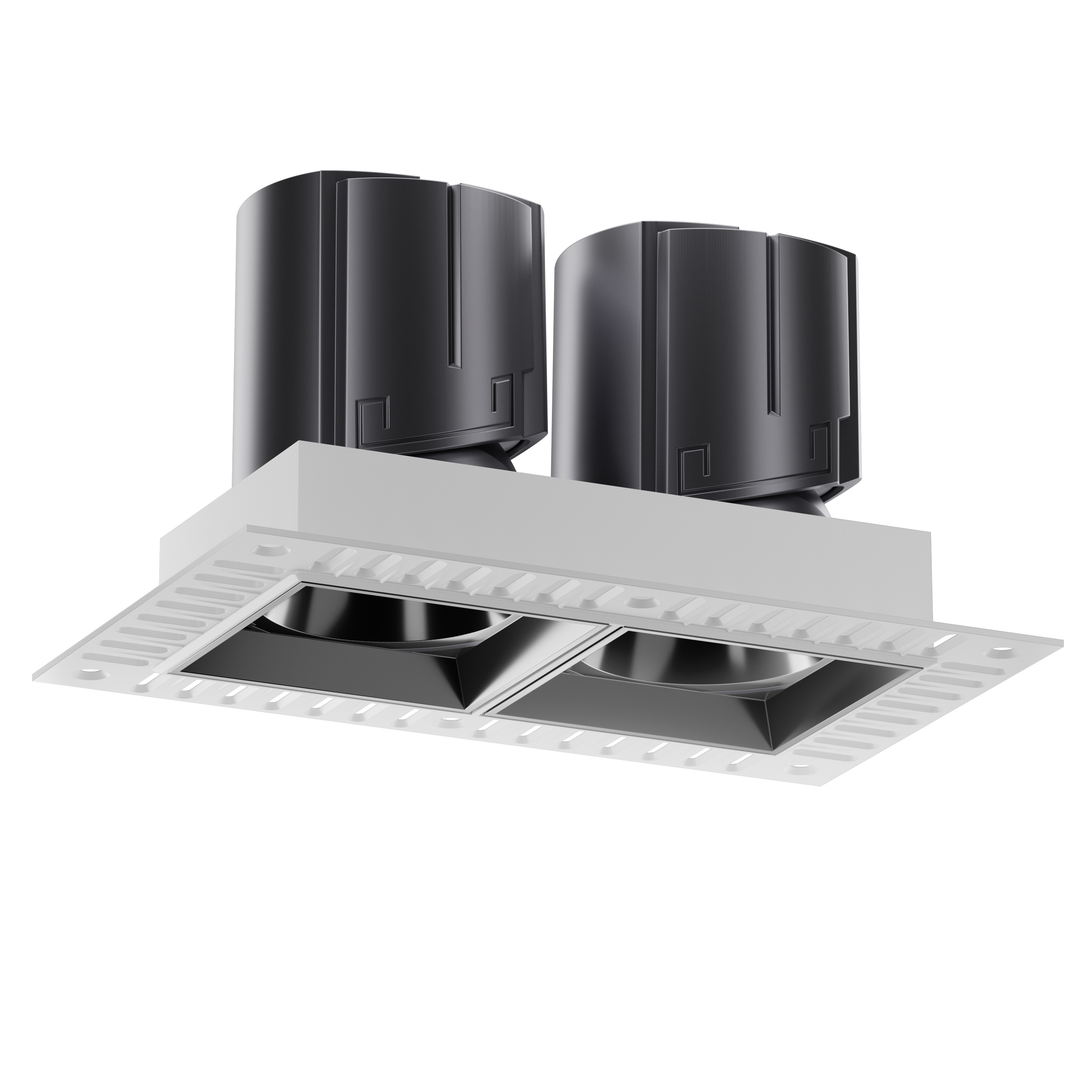 NOVA 75 twin trimless architectural LED downlight with metallic black reflectors, deep recessed optics and premium anti-glare lighting performance.