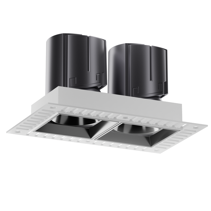 NOVA 75 twin trimless architectural LED downlight with metallic black reflectors, deep recessed optics and premium anti-glare lighting performance.