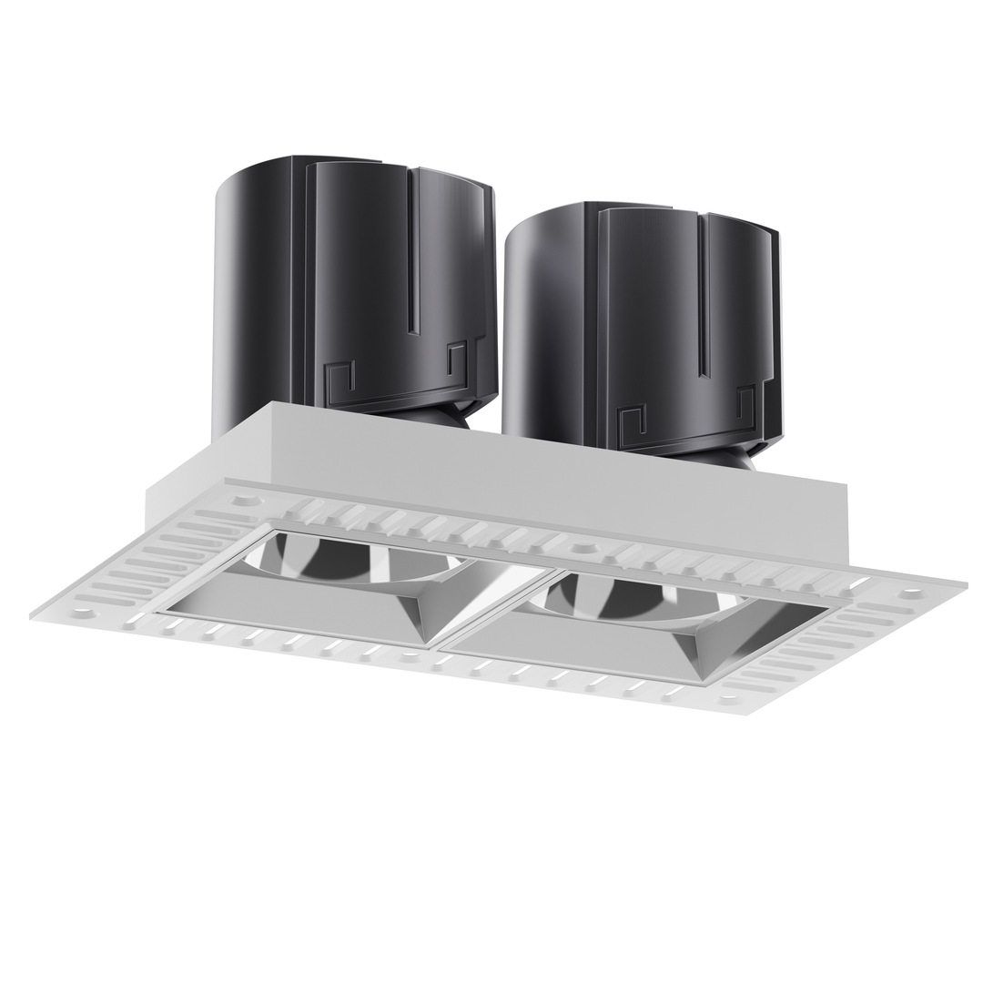 NOVA 75 twin trimless architectural LED downlight with silver reflectors, precision beam control and high visual comfort for architectural lighting.
