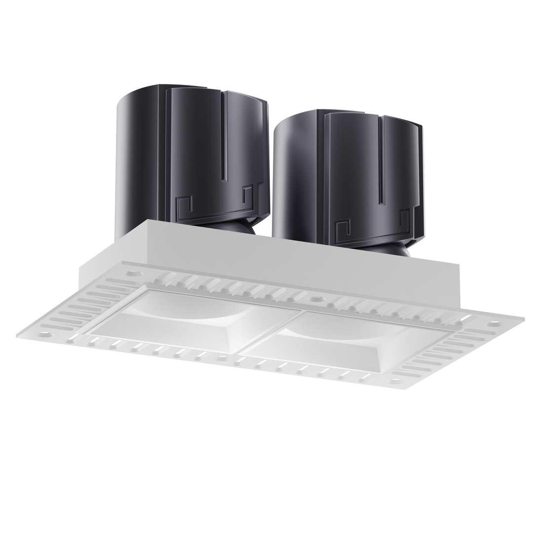 NOVA 75 twin trimless architectural LED downlight with white reflectors, dual deep recessed anti-glare optics and seamless plaster-in installation.